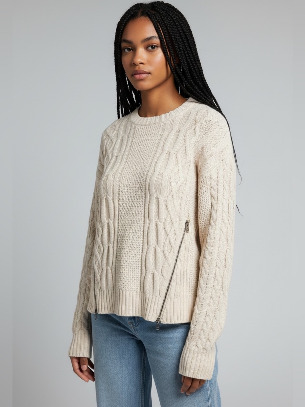 CAbi Cream Cable Knit Crewneck Sweater with Side Zip Detail